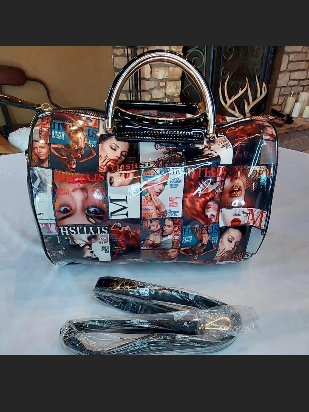 NWOT Y2K Glossy Magazine Cover Collage Satchel Crossbody Handbag Pop Art